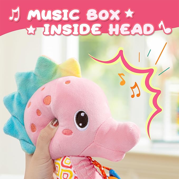 Baby Toys 0 to 12 Months, Musical Stuffed Animal Activity Soft Toys with Multi-Sensory Crinkle, Rattle and Textures,Infant Tummy Time Toys for Newborn Girls, Seahorse, Pink-PawvioPets