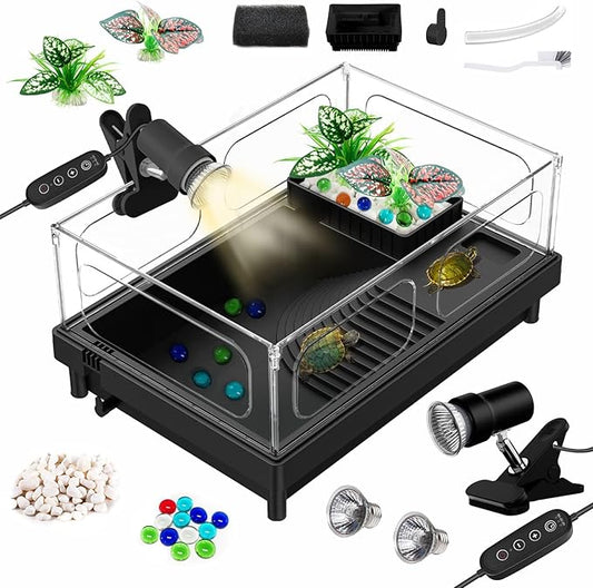 GOZILLA Small Turtle Tank with Adjustable Lamp, Acrylic Turtle Tank Starter Kit, Reptile Habitat and Terrarium with Multi-Functional Areas for Tortoise, Crab, Crayfish, Small Reptile.(Tank+Lamp)-PawvioPets