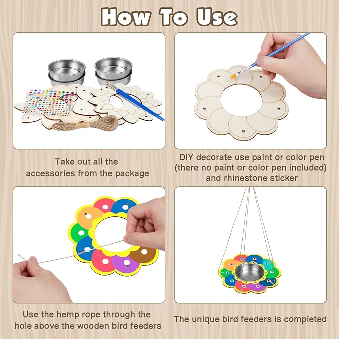Fennoral 4 Pack Bird Feeder Kits for Kids Make Your Own Bird Feeders Wooden Arts and Crafts for Kids Ornaments DIY to Paint Bird Feeders Craft for Spring Winter Garden Outdoor Activities Project-PawvioPets