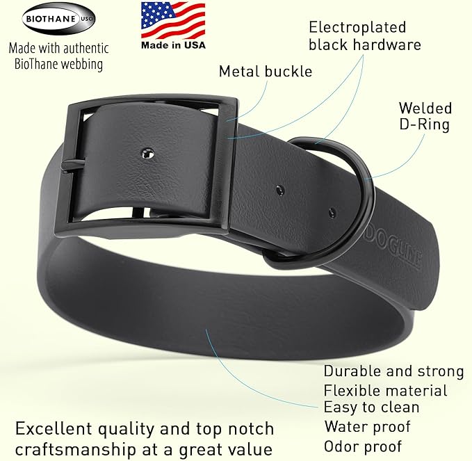 Dogline Biothane Waterproof Dog Collar Strong Coated Nylon Webbing with Black Hardware Odor- Proof for Easy Care Easy to Clean High Performance Fits Small Medium or Large Dogs, Black-PawvioPets