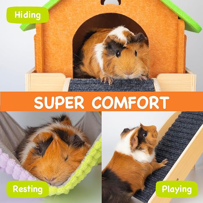 3 in 1 Enlarged Guinea Pig Hammock with House & Platform,Wooden Guinea Pig Hideout with Hammock & Stairs Small Animal Toys for Hiding Sleeping Activities-PawvioPets