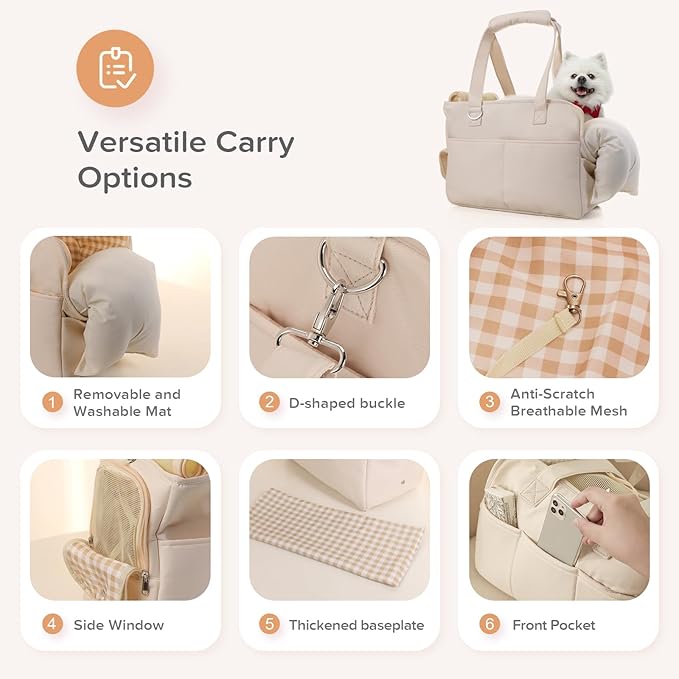 Dog Purse Carrier for Small Dogs, Soft Soft Sided Folding Dog Carriers for Small Dogs Medium Cats Puppies up to 15 Lbs, Washable Breathable Puppy Carrier for Outdoor Travel (Large Beige)-PawvioPets