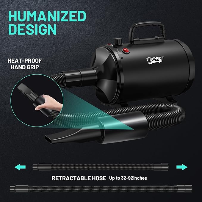 Dog Dryer High Velocity Dog Hair Dryer with 4 Nozzles 5.2HP/3800W (Professional Super Cyclone), Stepless Adjustable Speed Temperature Dogs Grooming Blow Dryer with Heater for Pets Hair Dryer, Black-PawvioPets