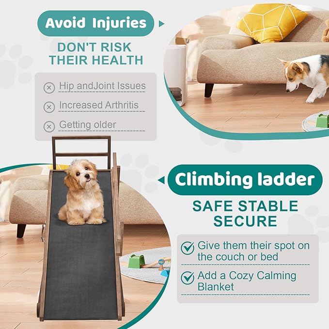 Dog Ramp for Bed, Adjustable Pet Ramps for Dog to Get on Bed, Non-Slip Rubber Surface - Folding Wooden Dog Ramp for Small/Large/Old Dogs, Adjustable up to 23.5 inch High Beds, Safety Railings-PawvioPets