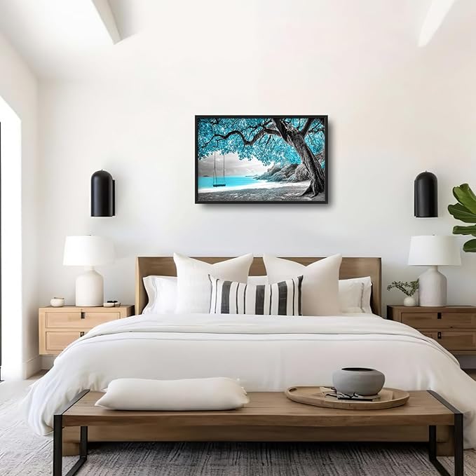 Extra Large Framed Abstract Tree Wall Art,Black and White Tree of Life Wall Decor,Blue Teal Sea Pictures for Living Room,Canvas Print Painting Modern Artwork Bedroom Office Bathroom 36L x 24W-PawvioPets