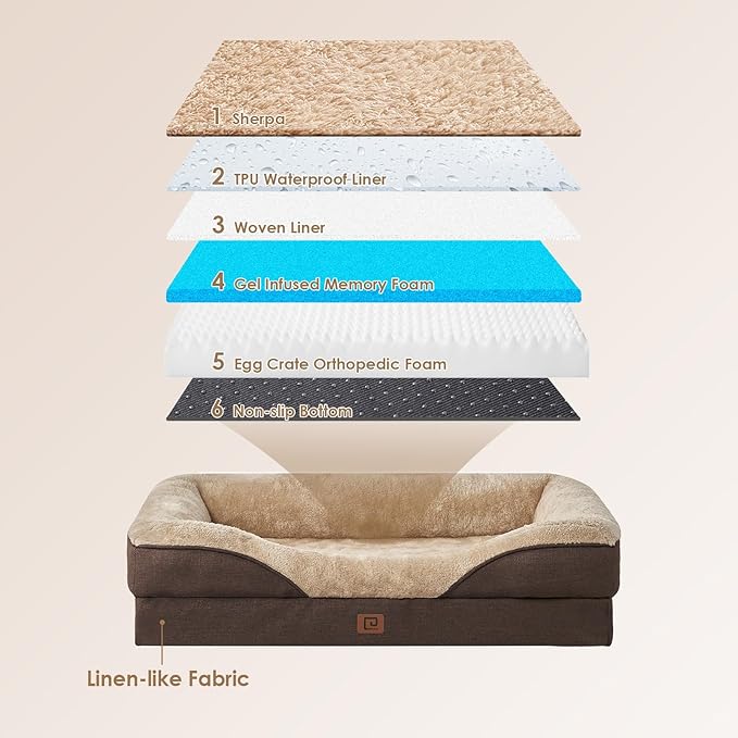EHEYCIGA Memory Foam Dog Bed for Medium Size, Orthopedic Dog Sofa with Sides and Waterproof Liner, Washable Bolster Pet Bed Couch with Removable Cover, 30x20x6.5 Inch, Brown-PawvioPets