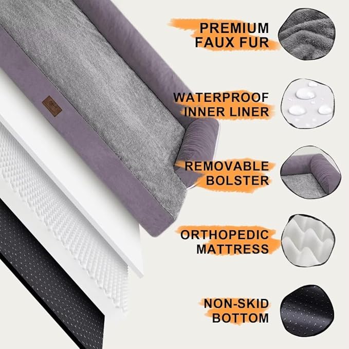 Orthopedic Large Dog Bed Washable, Dog Beds with Washable Removable Cover, XLarge Orthopedic Dog Beds for XLarge Dogs, Waterproof Pet Beds and Non-Slip Bottom, Extra Purple Large Dog Bed-PawvioPets