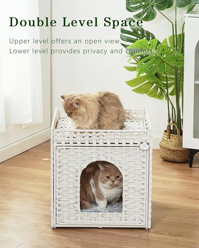 Cat Beds for Indoor Cats Extra Large Double Cat Cave Pet Cube, Handwoven Rattan Cat Houses with Double-Sided Soft Cushions, 18.5 x 20.5 x 19.1 Inches Foldable Hideaway in Living Room White-PawvioPets