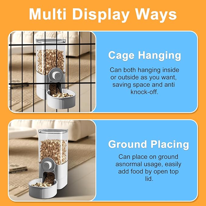 Auto Gravity Food Dispenser for Cage Hanging, 41OZ Capacity Hanging Automatic Pet Cage Feeder, Food Bowl for Cats Dogs Rabbit Ferret Chinchilla Bird Hedgehog Guinea Pig (Grey)-PawvioPets