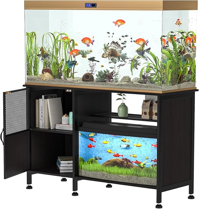 Fish Tank Stand, Modern Aquarium Stand with Built-in Cabinet and Shelves - Sleek Black Iron and Wood Grain Design for Stylish Home Décor（ 51.97" x W 19.69" x H 31.5"） Black-PawvioPets