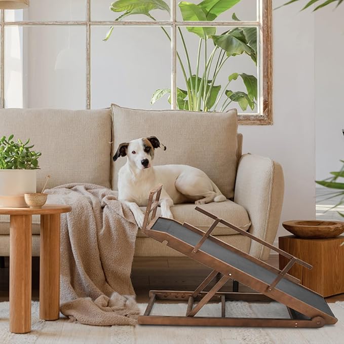 Dog Ramp, 5 Level Adjustable Height Folding Pet Ramp for High Bed, Portable Paw Ramps Large Bed Ramp for Medium & Large Old Dogs & Cats - Natural Wood Furniture Quality-PawvioPets