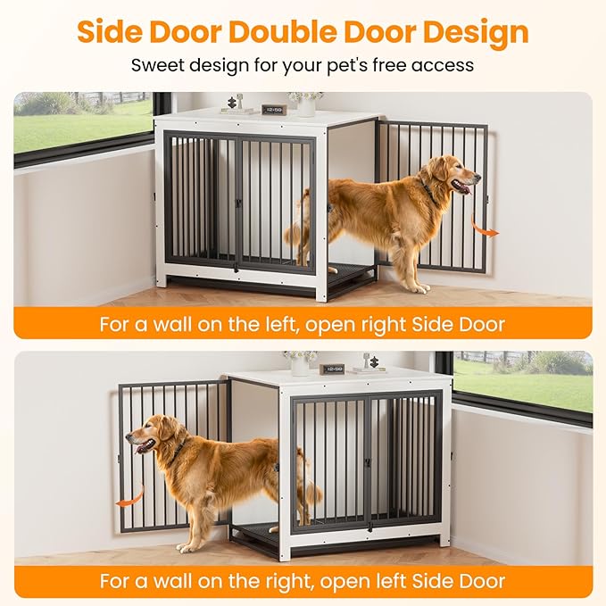 Dog Crate Furniture, Large Dog Crate Furniture, Wooden Cage Kennel Furniture Indoor, Modern Dog Crate with Multi-Purpose Removable Tray, Double-Doors Dog Furniture, End table dog crate, White-PawvioPets