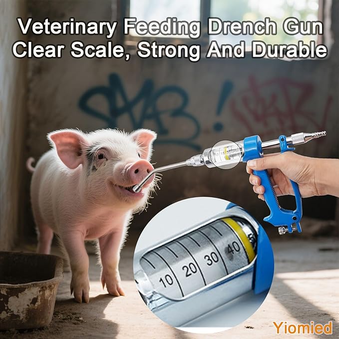 50ML Veterinary Metal Feeding Gun, Continuous Drench Gun Dosing Device Veterinary Adjustable Medicine Dispenser Husbandry Autonomous Feeding Tool, for Pig Cow, Sheep, Horse (Blue, 50ML+Kettle)-PawvioPets