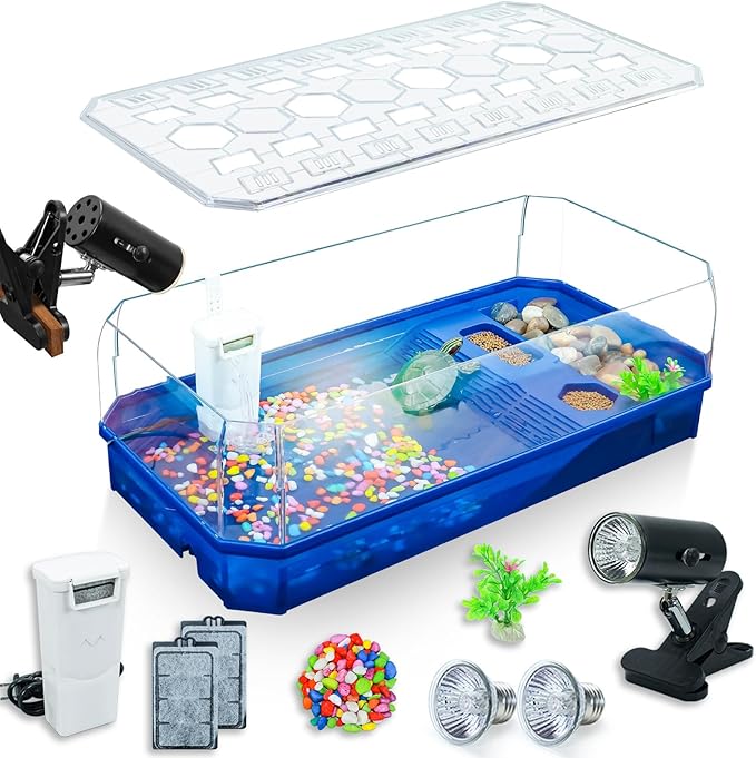 Aquatic Turtle Tank Habitat Kit Stone+Filter+Heat Lamp Enhancing Interaction with 360° Viewing, Standalone Filtration, DIY Creative Zone, Enriched Living (Blue, X-Large[with Light])-PawvioPets