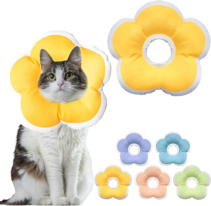 Cat Cone Collar Soft, Waterproof Cats Cones to Stop Licking After Surgery, Adjustable Soft Elizabeth Cats Collars for Wound Healing, Flower Shape Cat Recovery Collar (Yellow, Large)-PawvioPets