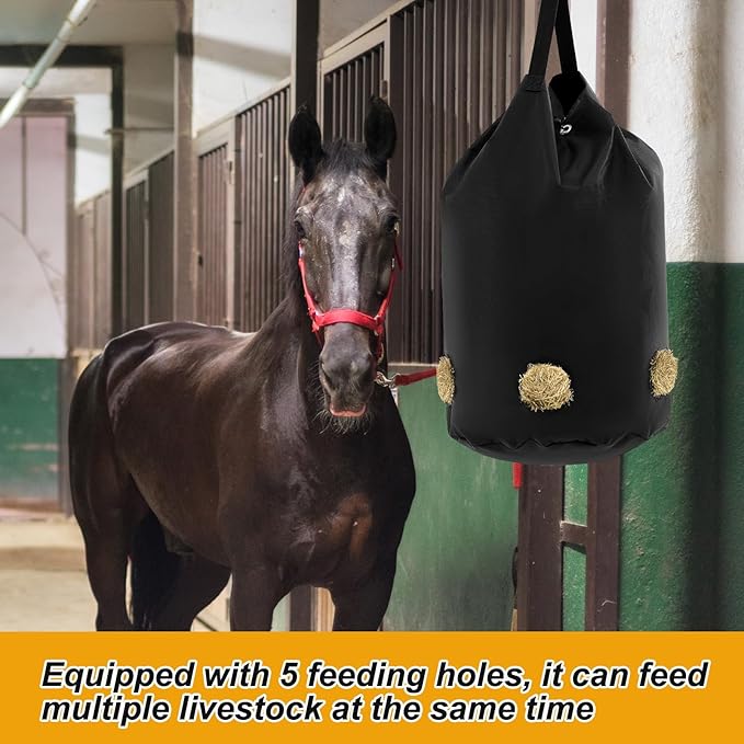 2 Pcs hay Bags for Horses Goats Slow Feed 1680D Oxford Bag Black Large Capacity Net Open Feed Hole Hay Holder for Horse Goats Sheep(5 Holes)-PawvioPets