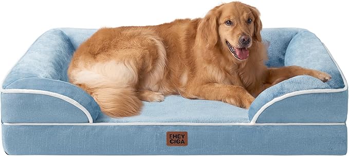 EHEYCIGA Orthopedic Dog Beds for Extra Large Dogs, Waterproof Memory Foam XL Dog Bed with Sides, Non-Slip Bottom and Egg-Crate Foam Big Pet Bed with Washable Removable Cover, Washed Blue-PawvioPets