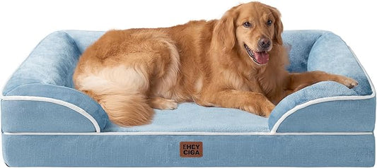 EHEYCIGA Orthopedic Dog Beds for Extra Large Dogs, Waterproof Memory Foam XL Dog Bed with Sides, Non-Slip Bottom and Egg-Crate Foam Big Pet Bed with Washable Removable Cover, Washed Blue-PawvioPets