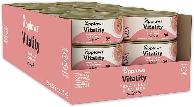 Applaws Vitality Wet Cat Food in Broth, Natural Canned Cat Food, Wet Food for Cats with Added Vitamins and Minerals, Grain and Carrageenan Free, Tuna Fillet & Salmon in Broth (24 Count, 5.5oz Cans)-PawvioPets