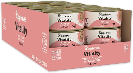 Applaws Vitality Wet Cat Food in Broth, Natural Canned Cat Food, Wet Food for Cats with Added Vitamins and Minerals, Grain and Carrageenan Free, Tuna Fillet & Salmon in Broth (24 Count, 5.5oz Cans)-PawvioPets