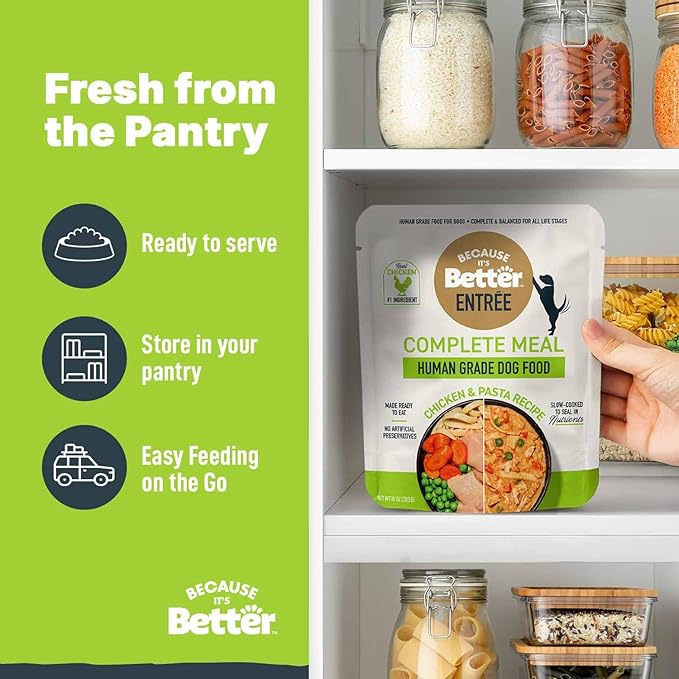 Because it's Better Entrée Complete Meal, Chicken & Pasta Recipe, Human Grade Wet Dog Food, 10 oz Pouches, 6 Count-PawvioPets