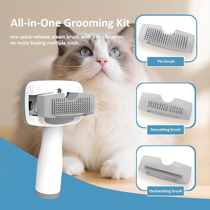 5 in 1 Pet Steam Brush for Dogs & Cats – Self Cleaning, 3 Pet Brush for Smoothing, Dematting, Thinning – Shedding, Grooming & Hair Removal, Includes Shampoo & Storage Case (8.0"-promax)-PawvioPets