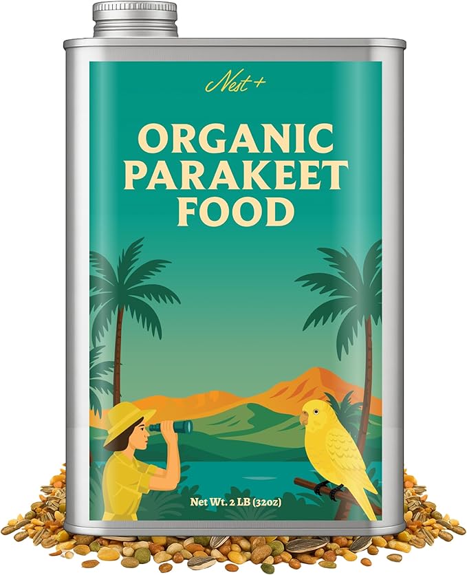 100% Organic Parakeet Food – Premium Bird Seed Mix with Oat Groats, Buckwheat, Amaranth, Super Veggies & Seeds – Reusable Tin + Stainless-Steel Scooper – Made in USA, Human Grade Ingredients (2lb)-PawvioPets