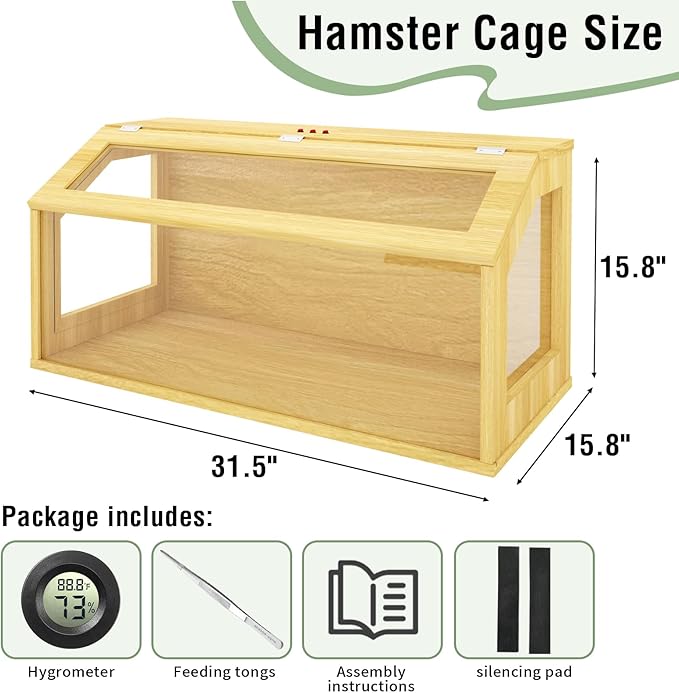 32" Wooden Hamster Cage, Chewproof Gerbil Cages and Habitats, Openable Top Roof Window with Silencing Pad, Guinea Pig Cage for Small Animals, Dwarf and Syrian Hamster, 32 x 16 x 16 Inches-PawvioPets