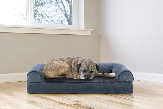 Furhaven Cooling Gel Dog Bed for Medium/Small Dogs w/ Removable Bolsters & Washable Cover, For Dogs Up to 35 lbs - Sherpa & Chenille Sofa - Orion Blue, Medium-PawvioPets