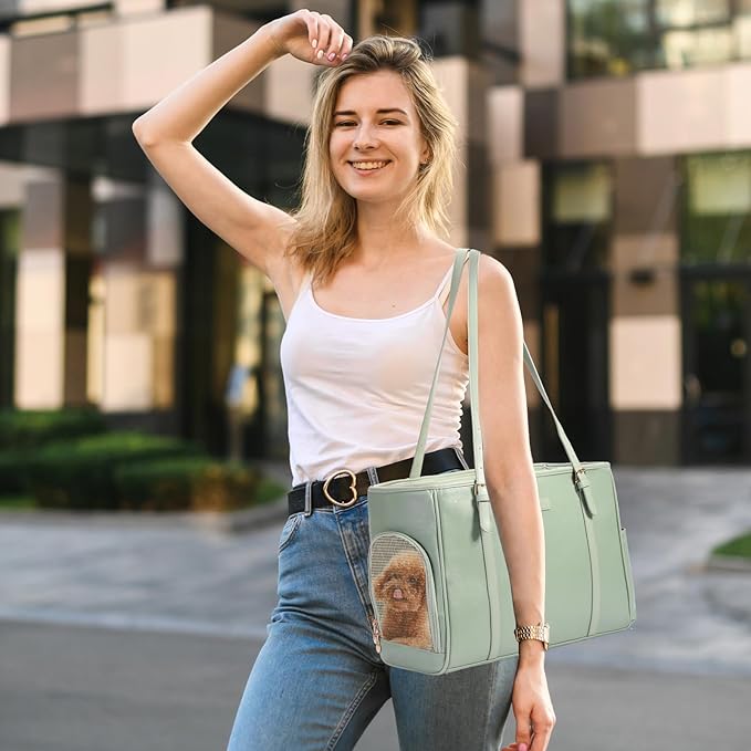 Fashion Dog Purse Pet Carrier Leather Bag for Small Dogs Cats Puppy, Portable Tote Bag Airline Approved Soft-Sided Carriers (Green)-PawvioPets