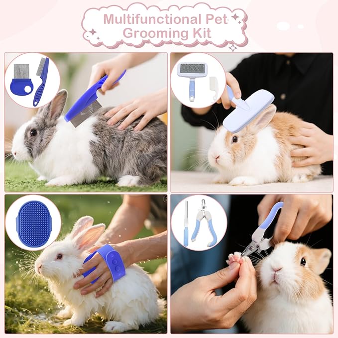 25 Pcs Large Rabbit Starter Kit, Bunny Litter Box with Drawer Animal Grooming Kit Stacking Cups Bowl Blankets Mat with Cleaning Set for Adult Guinea Pig, Ferret, Hamster, Bunnies Accessories (Blue)-PawvioPets