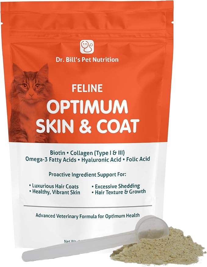 Dr. Bill’s Feline Optimum Skin & Coat – Fish Oil Omega-3 Fatty Acids for Cats Healthy Fur | Reduce Shedding and Hairballs with Biotin, Type I & III Marine Collagen, Hyaluronic Acid, & Folic Acid-PawvioPets