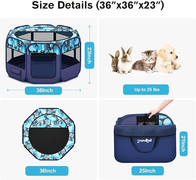 Dog Playpen, Pet Playpen, Portable Cat Playpen, Foldable Puppy Playpen Exercise Kennel Tent with Carry Case Collapsible Bowl,Water-Resistant Shade Cover for Indoor Outdoor Travel （Bule,Medium）-PawvioPets