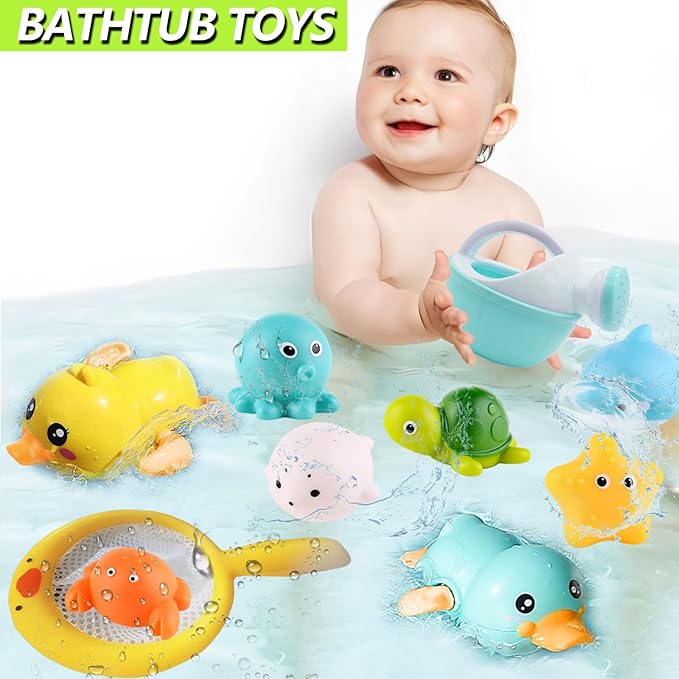 Bath Toys for Babies 6-12+ Months, Wind-up Ducks Bath Toys for Kids Ages 1-3, No Hole Baby Bath Toy Ocean Animal Floating Pool Toys for Toddlers, Water Toys Fishing Net Watering Can-PawvioPets