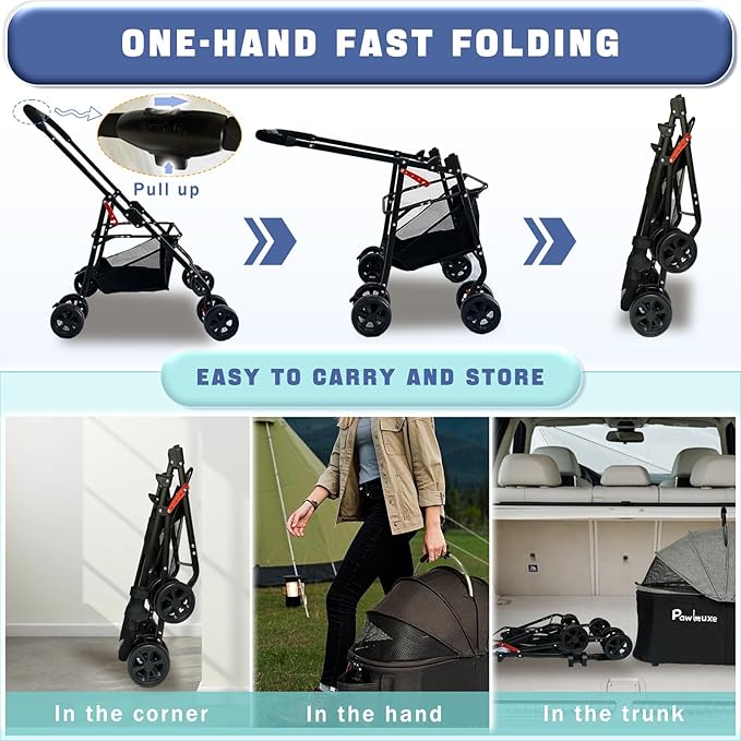 4 Wheels Pet Stroller 4 in 1 Pet Stroller with Detachable Carrier for Small & Medium Dogs Cats up to 55 lbs Easy-Folding Travel Dog Wagon with Car Seat Breathable Mesh,Black-PawvioPets