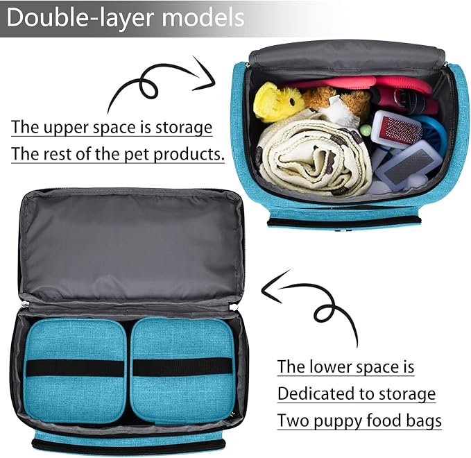 BAGLHER Pet Travel Bag, Double-Layer Pet Supplies Backpack (for All Pet Travel Supplies), Pet Travel Backpack with 2 Silicone Collapsible Bowls and 2 Food Baskets Sky Blue-PawvioPets