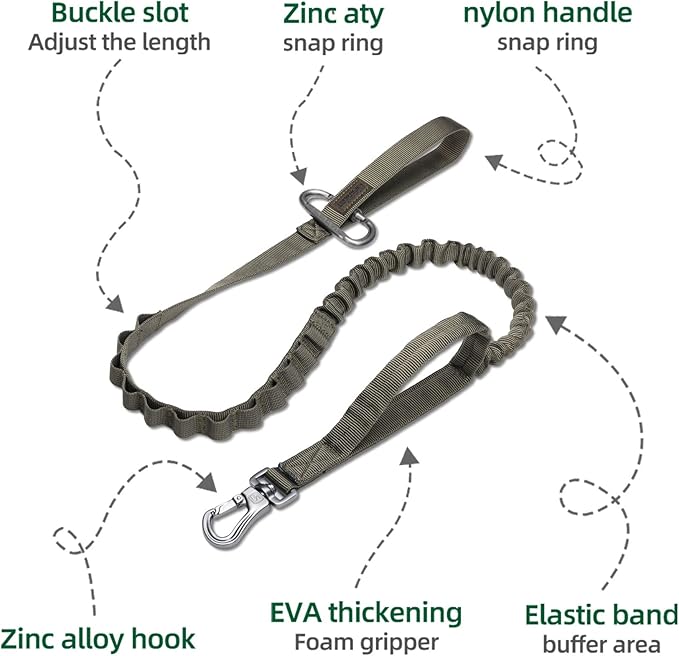 Excellent Elite Spanker Tactical Bungee Dog Leash Military Adjustable Dog Leash Quick Release Elastic Leads Rope with 2 Control Handle(Ranger Green)-PawvioPets