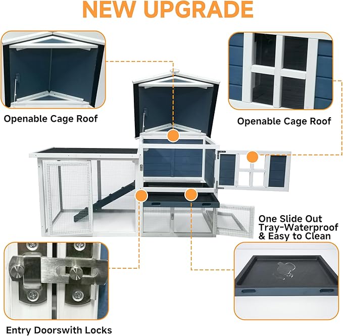 GARWOOD Large Outdoor Indoor Rabbit Hutch Wooden Bunny Rabbit Cage 2-Story with Run No-Leak Pull-Out Tray Waterproof Asphalt Roof Ramp for Guinea Pig Small Animal Wood Pet House Home Blue White-PawvioPets