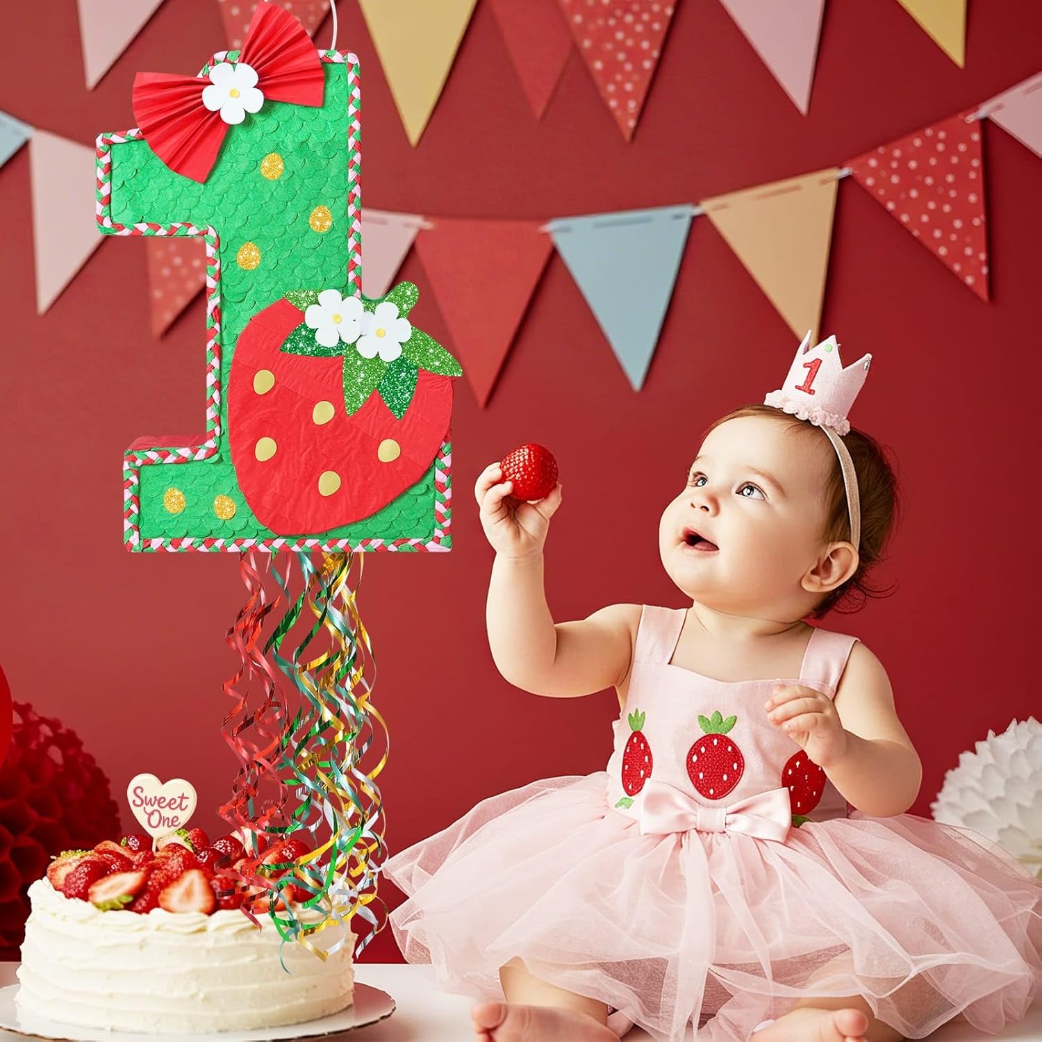 WERNNSAI Berry First Pinata - Sweet One Birthday Party Decorations Strawberry Party Game Number 1 Pinata for Baby Shower Theme Party Favor With Blindfold