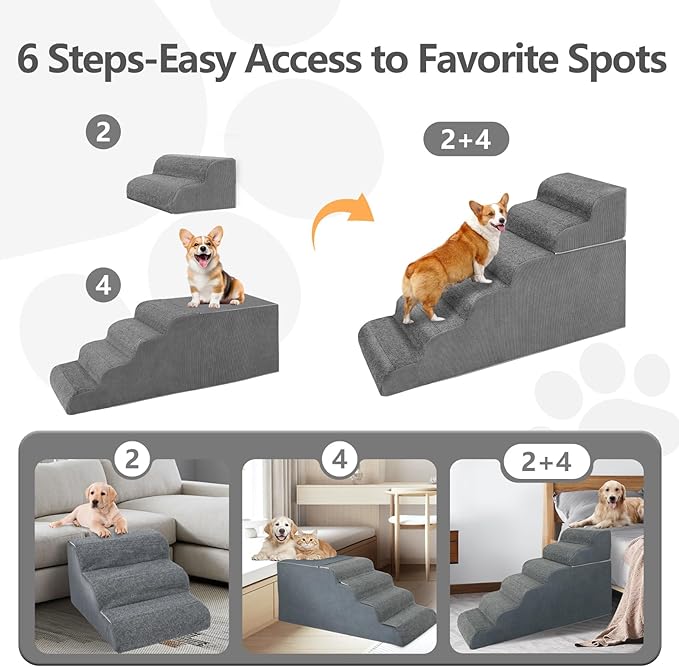 ABORON 𝟲 𝗦𝘁𝗲𝗽𝘀 Dog Steps for High Bed, 26 Inch High Dog Stairs for Small Dogs, Waterproof Pet Stairs for Small Old Large Dogs and Cats with Removable Cover & PE Support Board for Bed/Car/Couch-PawvioPets