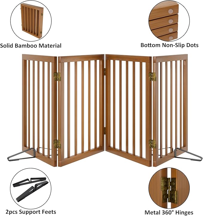 Freestanding Pet Gate Foldable 4 Panel Dog Gate Walnut Dog Gates for Stair Doorways House Indoor (2 Support Feet Included)-PawvioPets