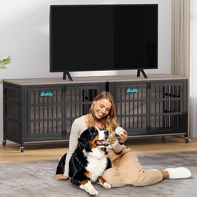 EasyCom 48"/42"/33" XXL Dog Crate Furniture with Casters, Heavy Duty Dog Kennel Indoor for Large Dogs, Escape-Proof and Chew-Proof Dog Cage for high Anxiety Dog, Decorate House as TV Stand, End Table-PawvioPets