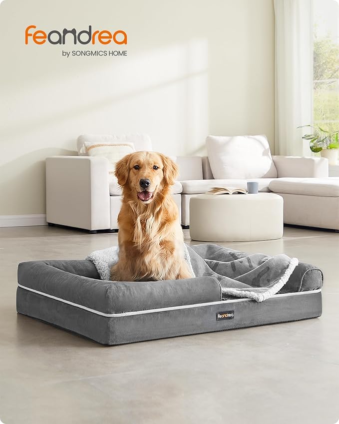Feandrea Dog Bed, Orthopedic Large Waterproof Bed, Removable Washable Cover Dog Sofa with Non-Slip Bottom, Raised Edges, 42 x 32 x 8 Inches, Light Gray UPGW077G02V1-PawvioPets