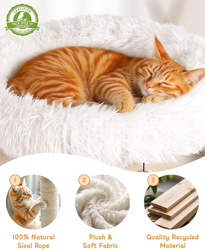 61" Wooden Cat Tree Tower for Indoor Cats, Luxury Modern Wooden Tower with XL Plush Lounge, Hammock & Scratching Posts for Maine Coon 20 lbs-PawvioPets