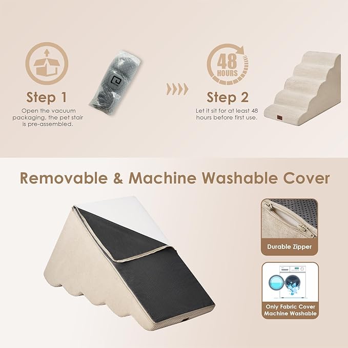 EHEYCIGA Curved Dog Stairs Ramp for High Beds, 5-Step Extra Wide Dog Steps for Small Dogs and Cats, Pet Stairs for High Bed Climbing, Non-Slip Balanced Pet Step Indoor, Beige-PawvioPets