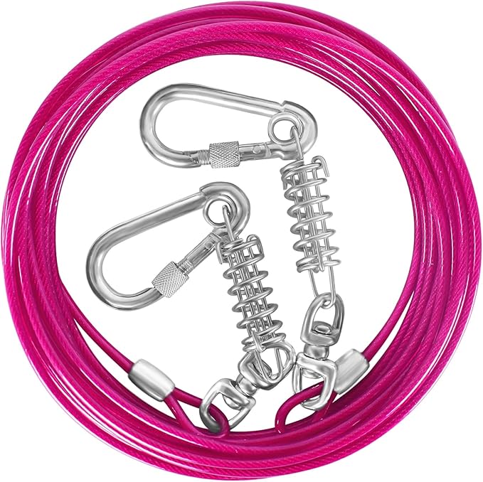 Dog Tie Out Cable 10/15/20/25/30FT Dog Run Cable Rosy Pink/Blue/Purple/Silver/Red/Green/YellowTie Out Cable for Large Dogs Heavy Duty for Outside Hold Large Dogs Up to 250LBS-PawvioPets