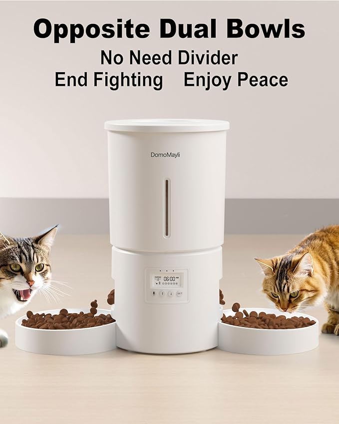 Automatic Dual Cats Feeder for 2 Cats,6 Meals/Day,12 Portions/Meal,Dual Power Auto Pet Feeder Dry Food Dispenser,Flexible Schedule Timer 10S Voice Record (White, ABS Dual Bowls)-PawvioPets