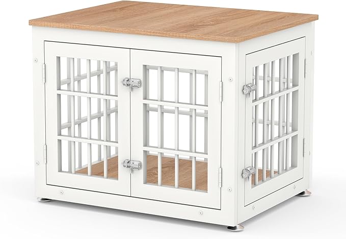 26 Inch Heavy Duty Dog Crate Furniture for Small Dogs, Decorative Pet House End Table, Wooden Cage Kennel Furniture Indoor, White and Natural-PawvioPets