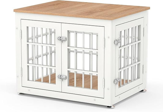 26 Inch Heavy Duty Dog Crate Furniture for Small Dogs, Decorative Pet House End Table, Wooden Cage Kennel Furniture Indoor, White and Natural-PawvioPets