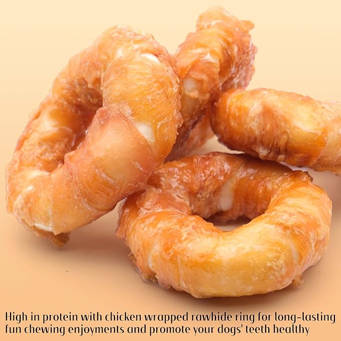 ASMPET Dog Treats Chews, Chicken Wrapped Rawhide Donuts Dental Care Chews for Small Medium Large Breed Aggressive Chewers (Pack of 4)-PawvioPets
